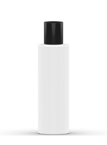  White bottle, round shape, black cap, 200ml