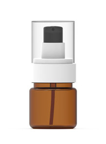  Round tea-colored pump bottle, white pump cap, clear cover, 40ml
