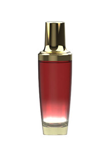 Red glass bottle, gold pump...