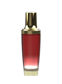  Red glass bottle, gold pump cap, 100ml