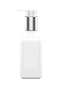  White plastic bottle, square shape, white pump cap, silver neck, 200ml