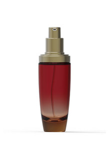  Red glass bottle, gold pump cap, 50ml