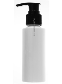  White plastic bottle, tall round shape, black pump cap, gooseneck, 100ml