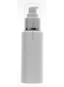  White plastic bottle, tall round shape, white pump cap, clear cover, 100ml