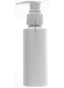  White plastic bottle, tall round shape, white pump cap, gooseneck, 100ml
