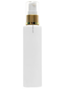  White plastic bottle Tall square shape, white pump cap, gold thread, clear cover, 100ml