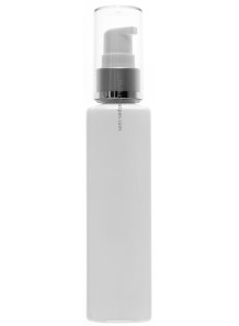  White plastic bottle Tall square shape, white pump cap, silver spiral, clear cover, 100ml.