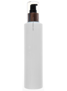  White bottle, tall round shape, black pump cap, gold spiral, clear cover, 200ml