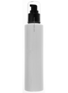  White bottle, tall round shape, black pump cap, clear cover, 200ml