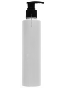  White bottle, tall round shape, black pump cap, gooseneck, 200ml
