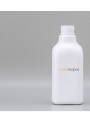  White plastic bottle, square shape, white pump cap, matte silver neck, 200ml