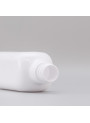  White plastic bottle, square shape, white pump cap, matte silver neck, 200ml