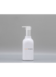  White plastic bottle, square shape, white pump cap, matte silver neck, 200ml