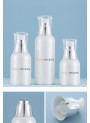  Pearl white pump bottle, white pump cap, silver neck, clear cover, 30ml