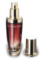  Red glass bottle, gold pump cap, 30ml